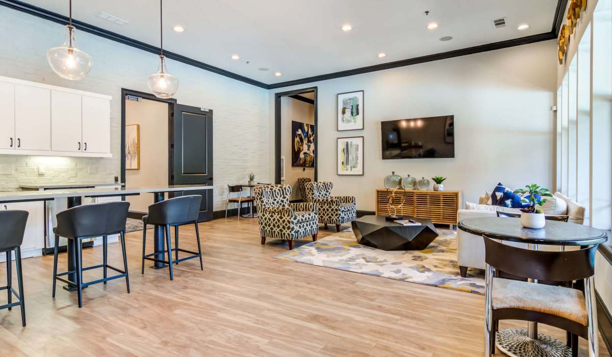 Community kitchen and gathering space at The Reserve at Johns Creek Walk in Johns Creek, Georgia