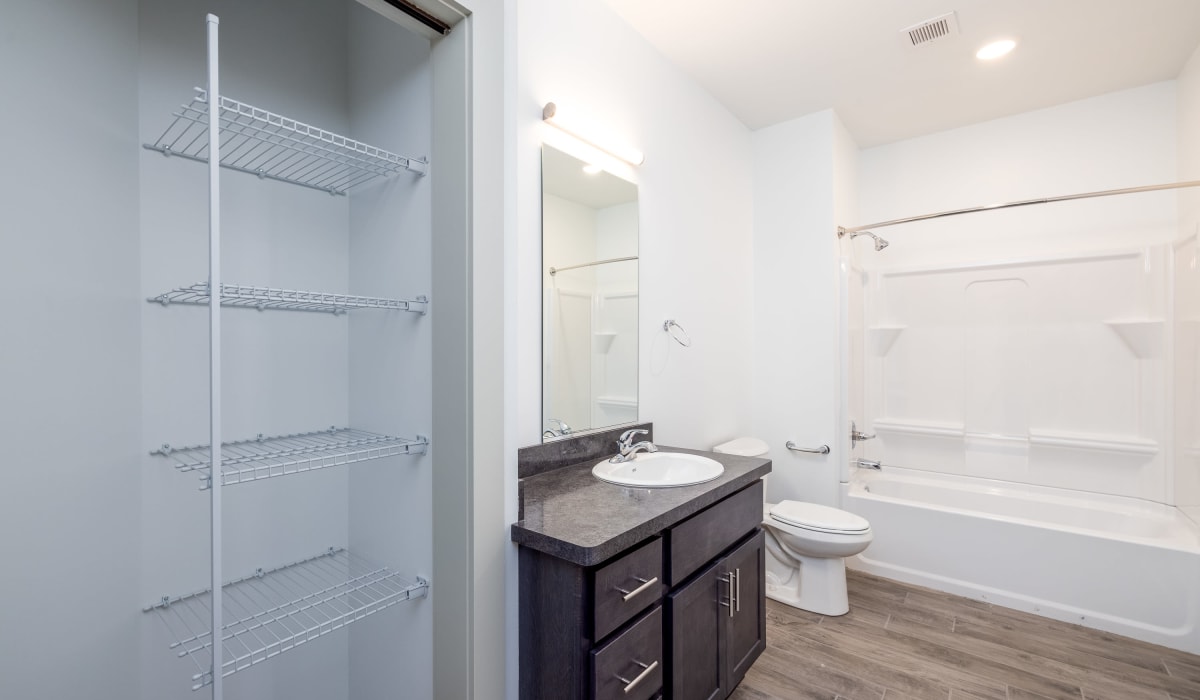 Tons of storage in a bathroom at Barcalo Living in Buffalo, New York