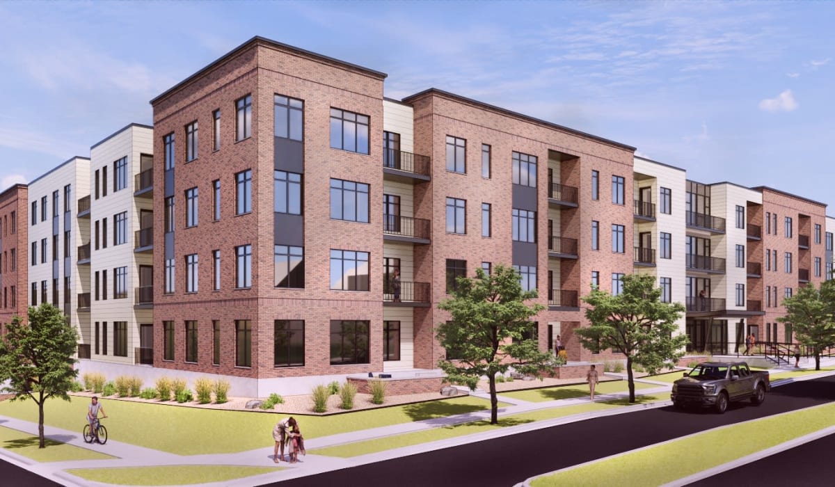 Rendering of the apartment building at The Kestrel in Bozeman, Montana