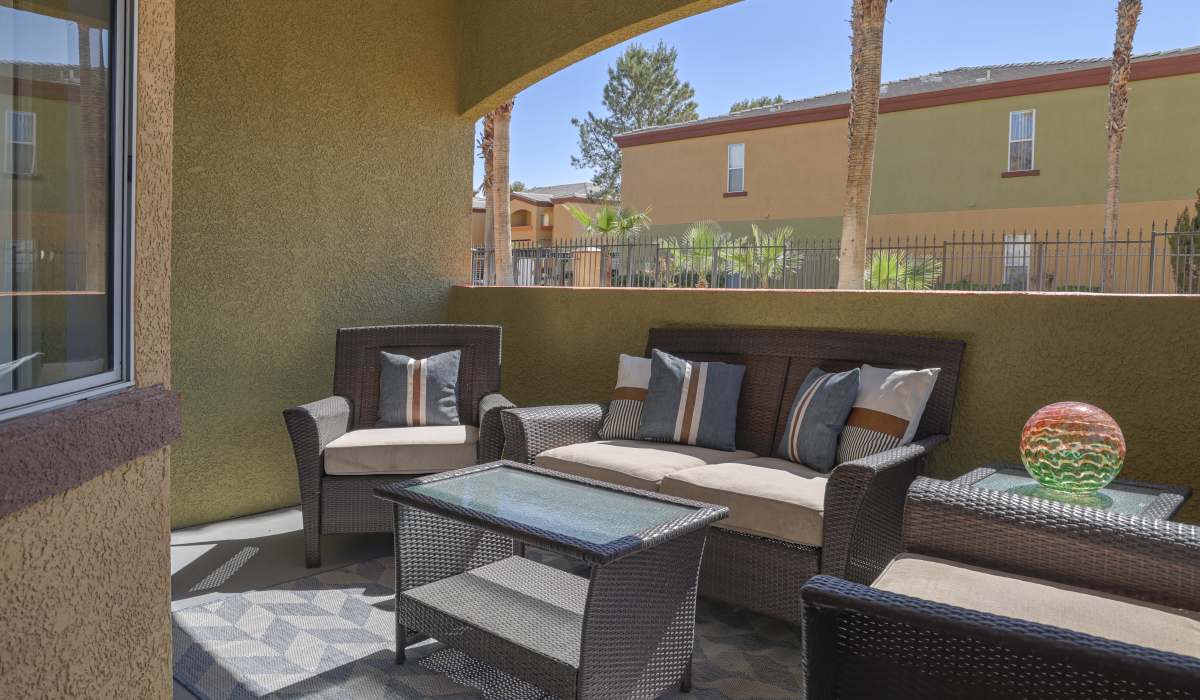 Unit porch with furniture at La Serena at the Heights in Henderson, Nevada