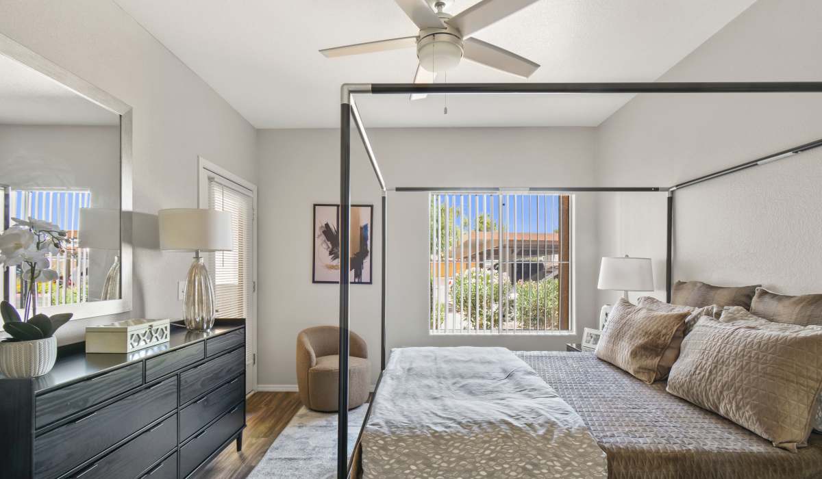 Master bedroom with a large dresser at La Serena at Toscana in Phoenix, Arizona