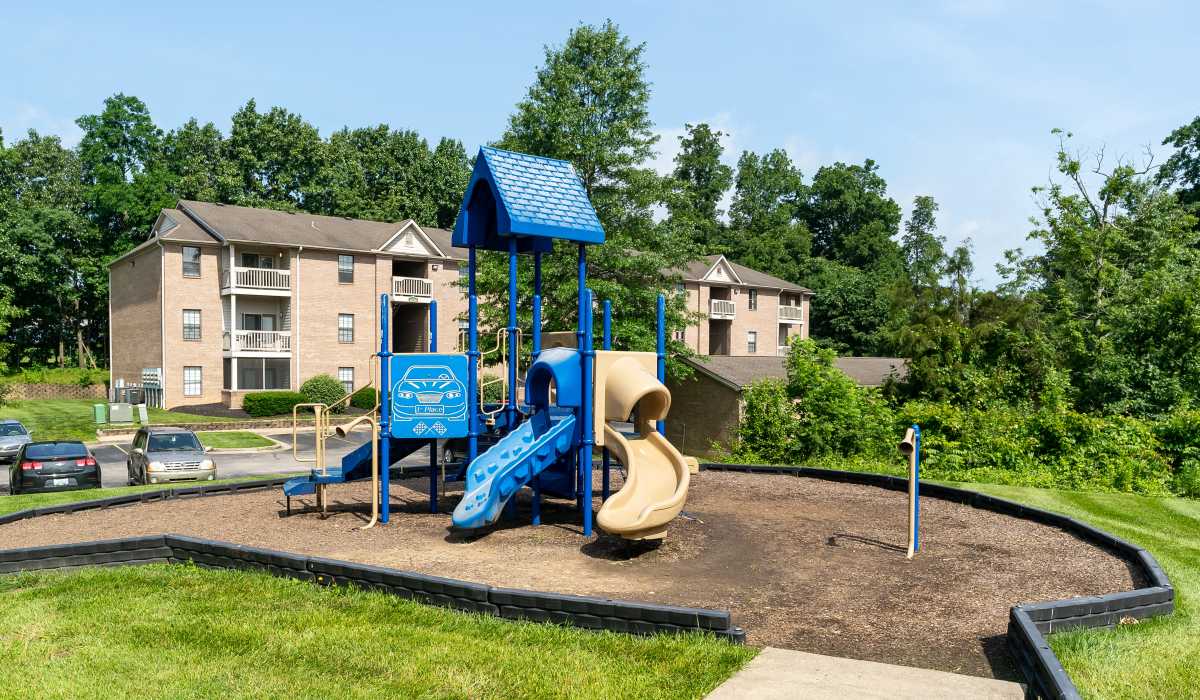 Playground with blue slide at Burlington Oaks in Burlington, Kentucky