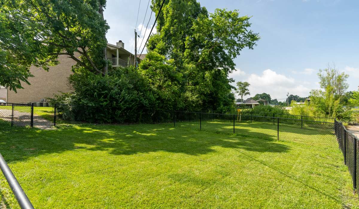 Fenced green space with trees and grace at Burlington Oaks in Burlington, Kentucky