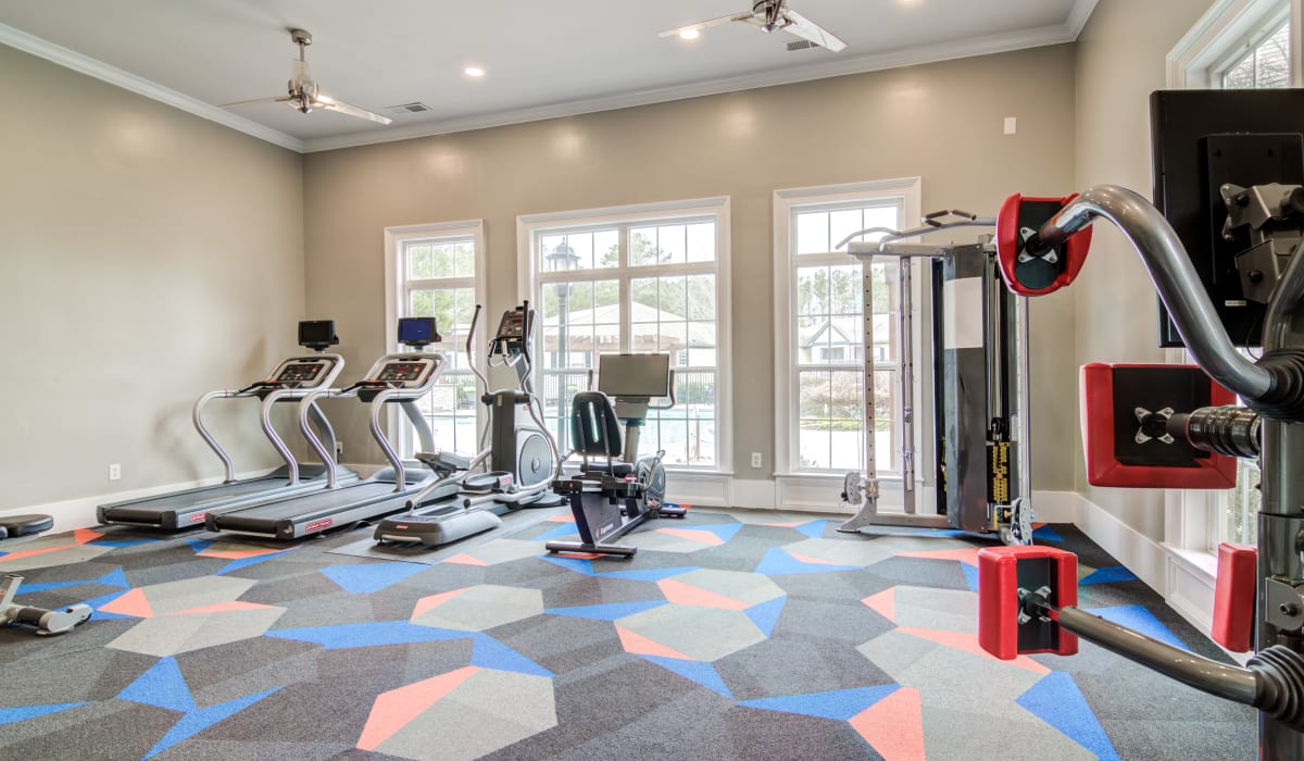 Fitness center with cardio machines at Evergreen Park in Fairburn, Georgia