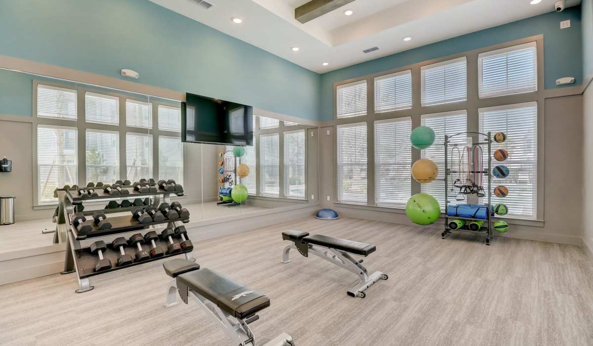 Weights and bench-press benches in our fitness center at Seaton Preserve in Jacksonville, Florida