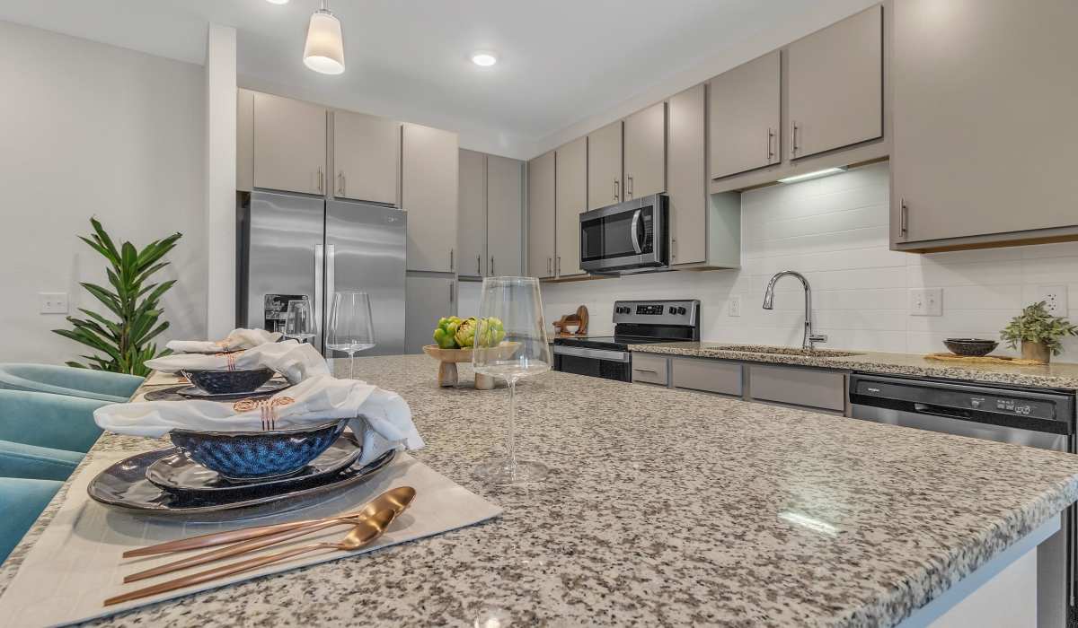 Kitchen island in a furnished model home at Seaton Preserve in Jacksonville, Florida