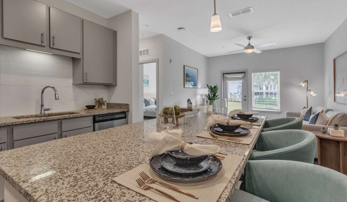Marble-topped kitchen island in a model home at Seaton Preserve in Jacksonville, Florida