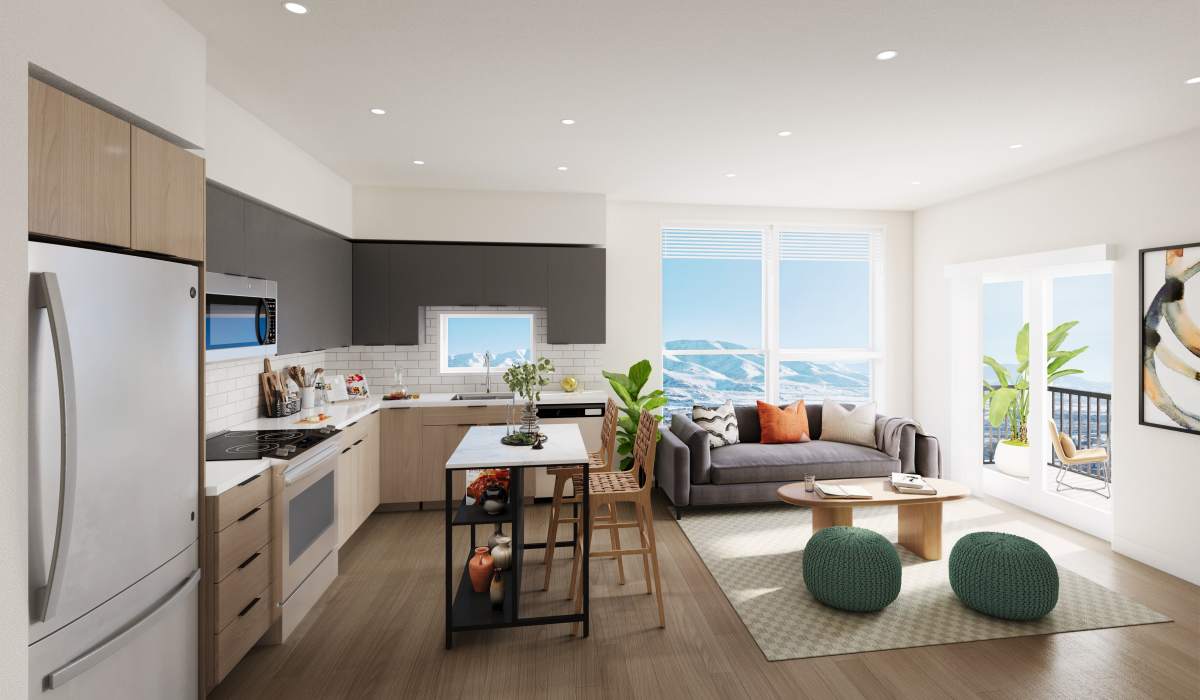 Rendering of modern kitchen and living room in an open concept apartment home at Linden Hill in Magna, Utah