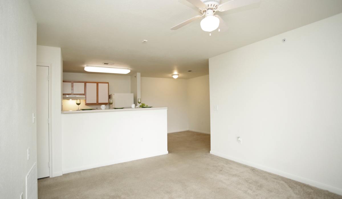 Highrise counter top with attached living room at North Oak Crossing in Kansas City, Missouri