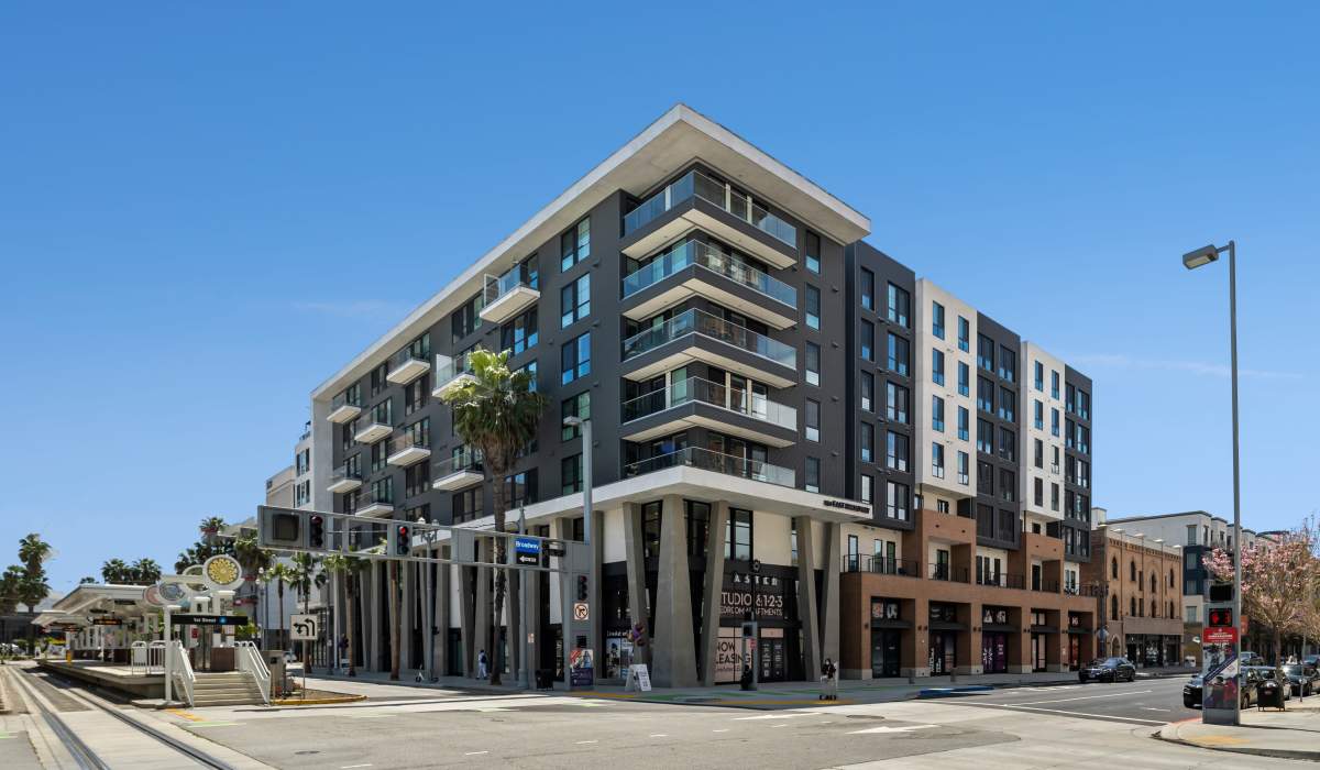 Urban building at street intersection  at Aster, Long Beach, California