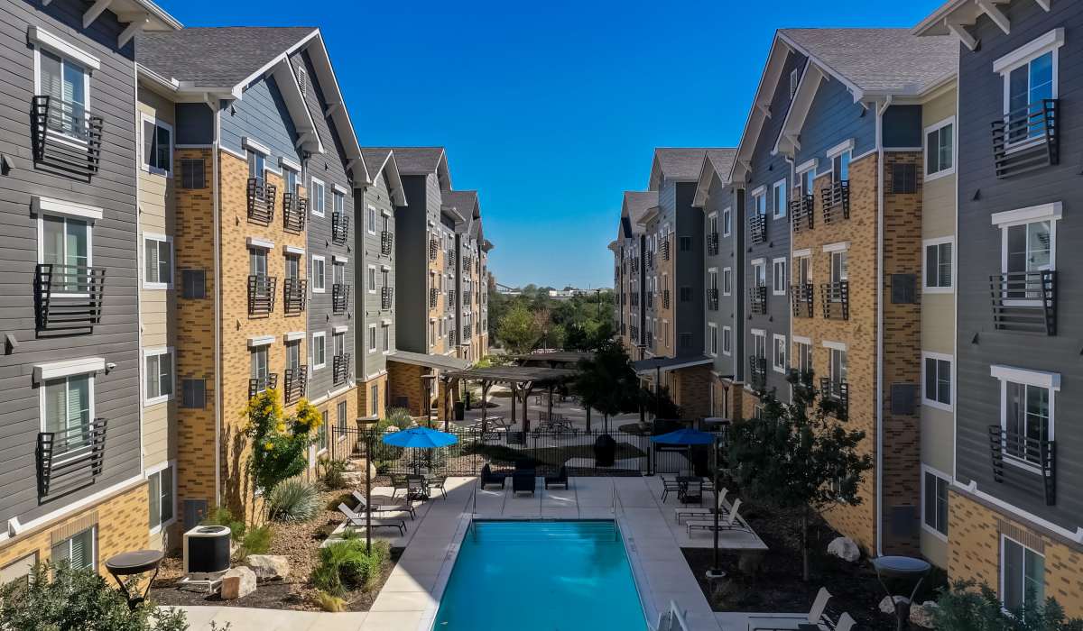 Aerial view of the pool Simplicity at the Rim in San Antonio, Texas