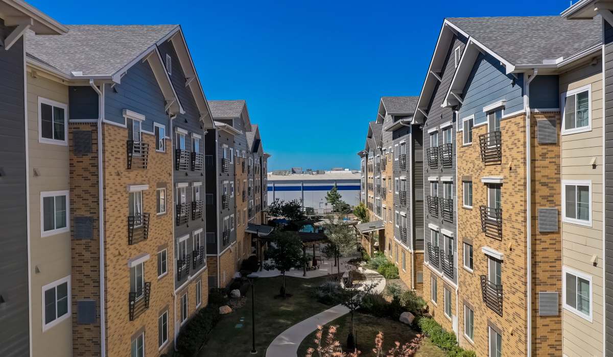 Aerial view of apartments Simplicity at the Rim in San Antonio, Texas
