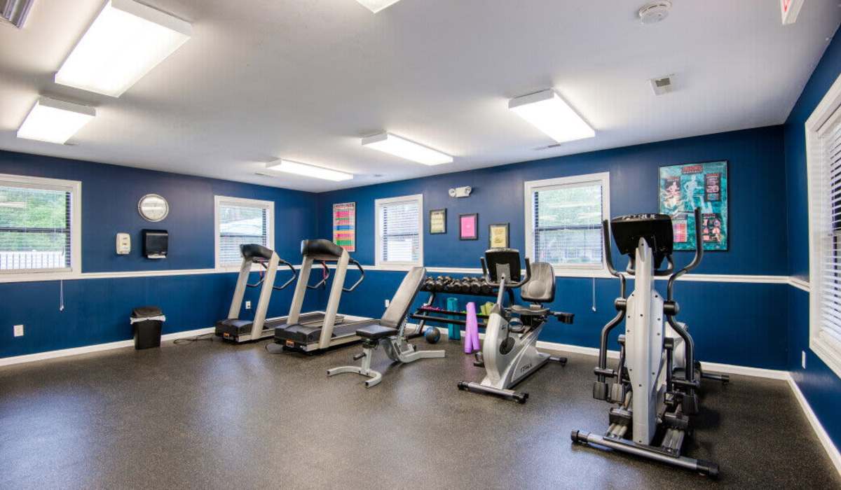 Fitness center with blue walls at Tanglewood Apartments in Southern Pines, North Carolina