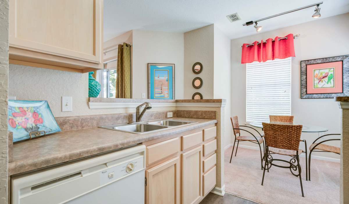 Kitchen with wooden cabinets at Sole at Citrus Park in Tampa, Florida