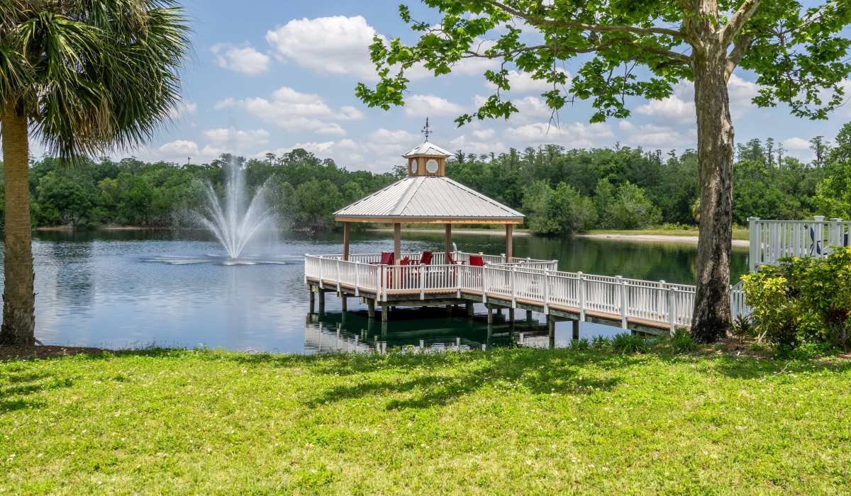 Fountain in a lake with a gazebo at Sole at Citrus Park in Tampa, Florida