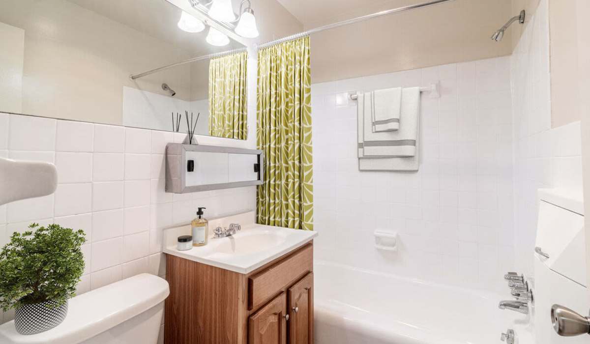 bathroom with shower curtain at Three Chopt West Apartments in Henrico, Virginia