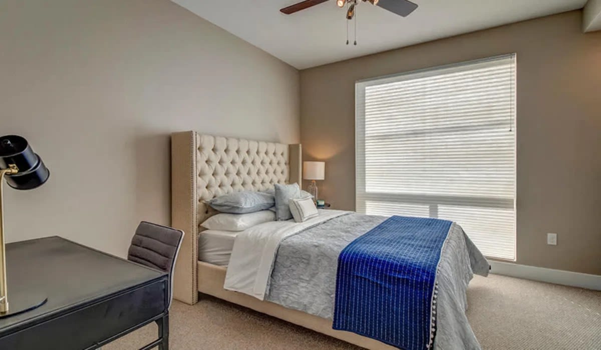 One-BR Apartments In Reno, NV - Riverside Park Apartments - Spacious Bedroom With Plush Carpet Flooring, a Ceiling Fan, High Ceilings, And Expansive Window With Blinds