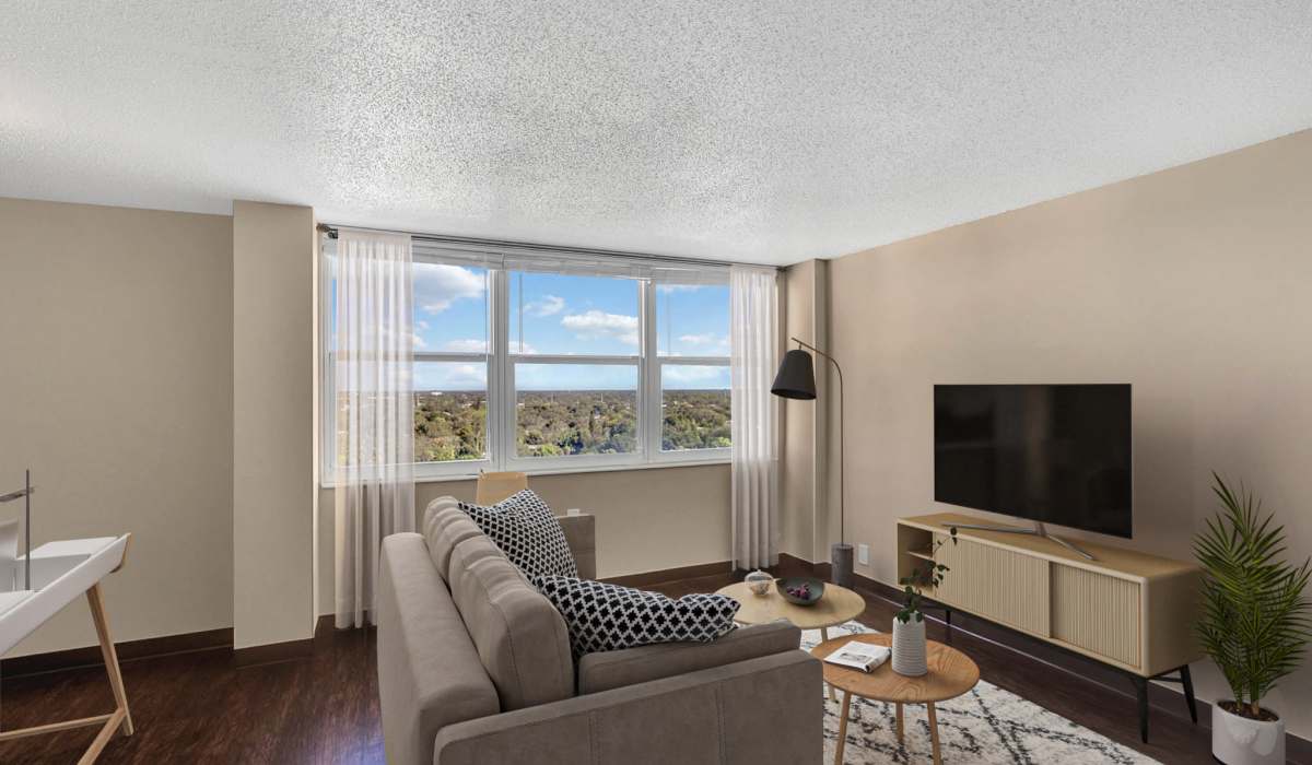 Spacious open concept floorplan with hardwood flooring at Bay Pointe Tower in South Pasadena, Florida