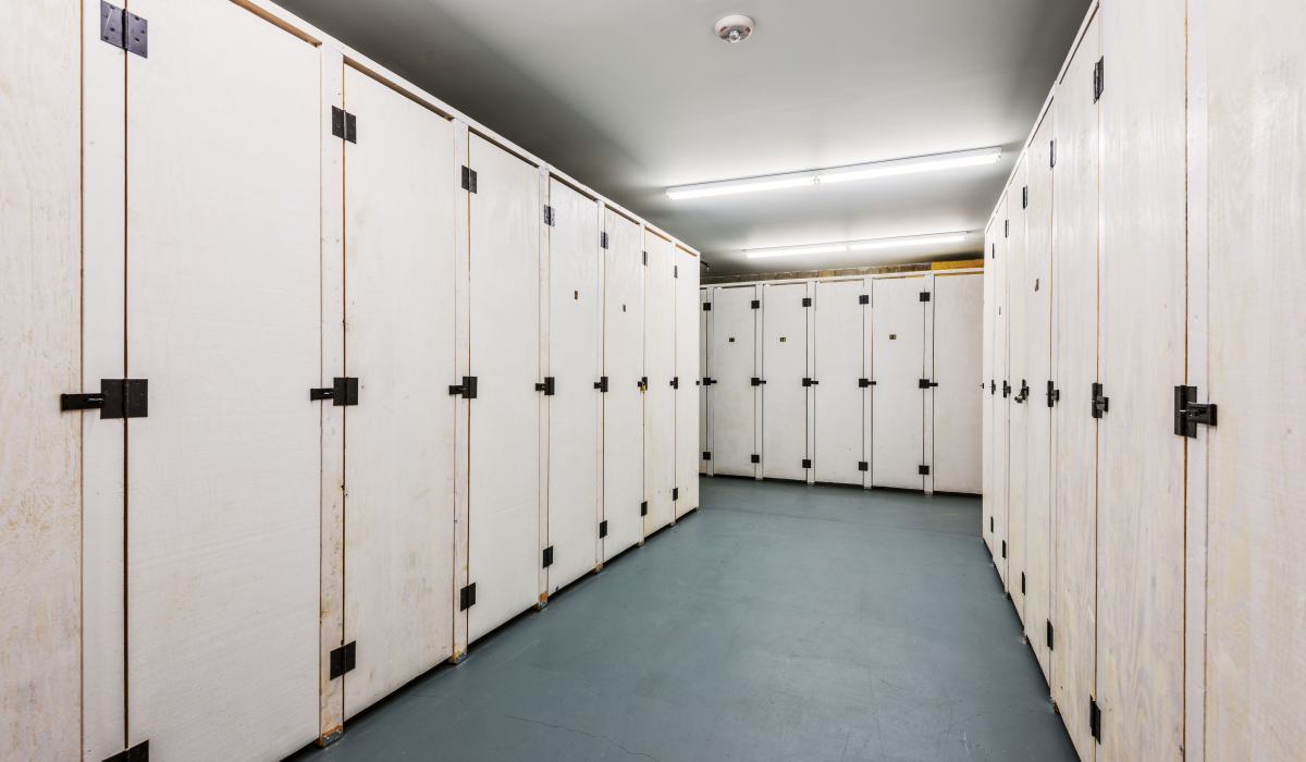 Rows of indoor storage spaces for residents at Environs Lofts at East 54 in Chapel Hill, North Carolina