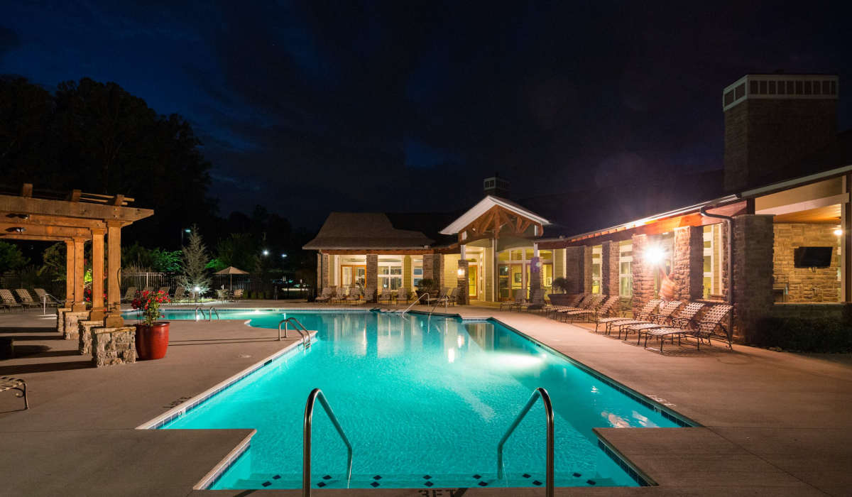 Nighttime view of the swimming pool at The Preserve at Hardin Valley in Knoxville, Tennessee