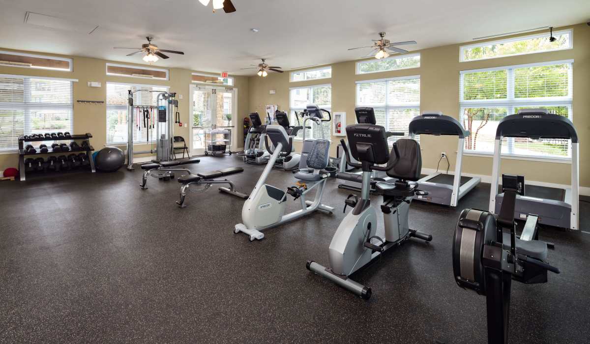 Fitness center with free weights at The Preserve at Hardin Valley in Knoxville, Tennessee
