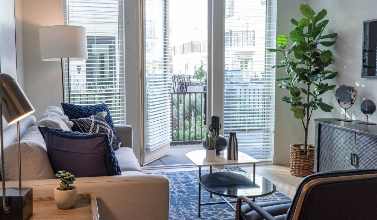 Model apartment living room at The Grand at Bayfront in Hercules, California