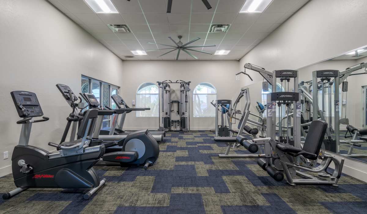 Full fitness center for residents at Crestone at Shadow Mountain in Phoenix, Arizona