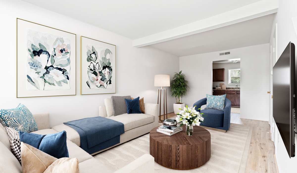 model living room at Misty Pines Apartments in Ashland, Virginia