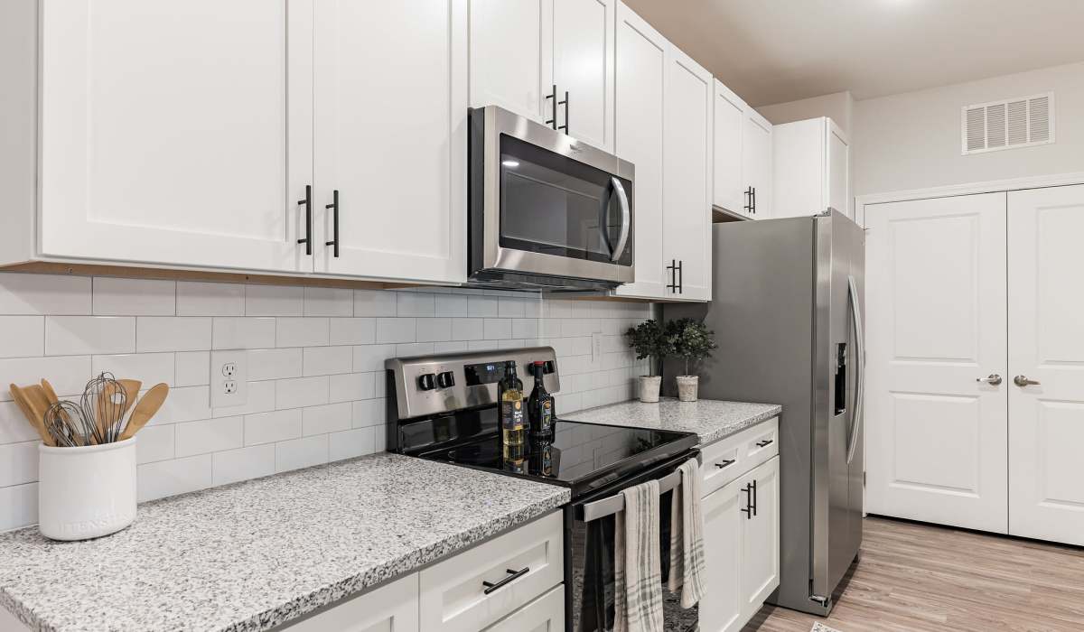 Stainless-steel appliances in a model home's kitchen at The Standard at Pinestone in Travelers Rest, South Carolina