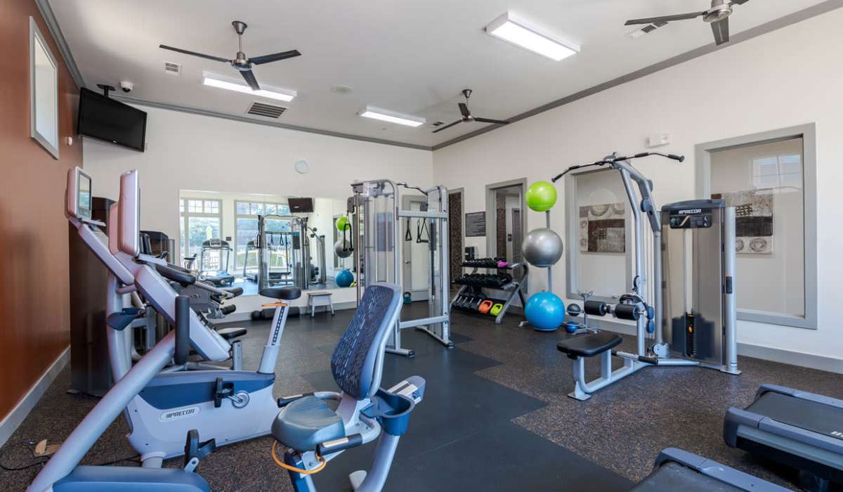 Fully equipped fitness center with ceiling fans and a TV at Dayrise at Centreport in Fort Worth, Texas