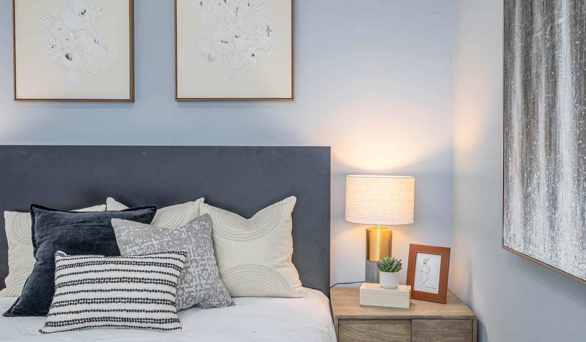 Cozy bedroom in a model home at The Addie in Savannah, Georgia