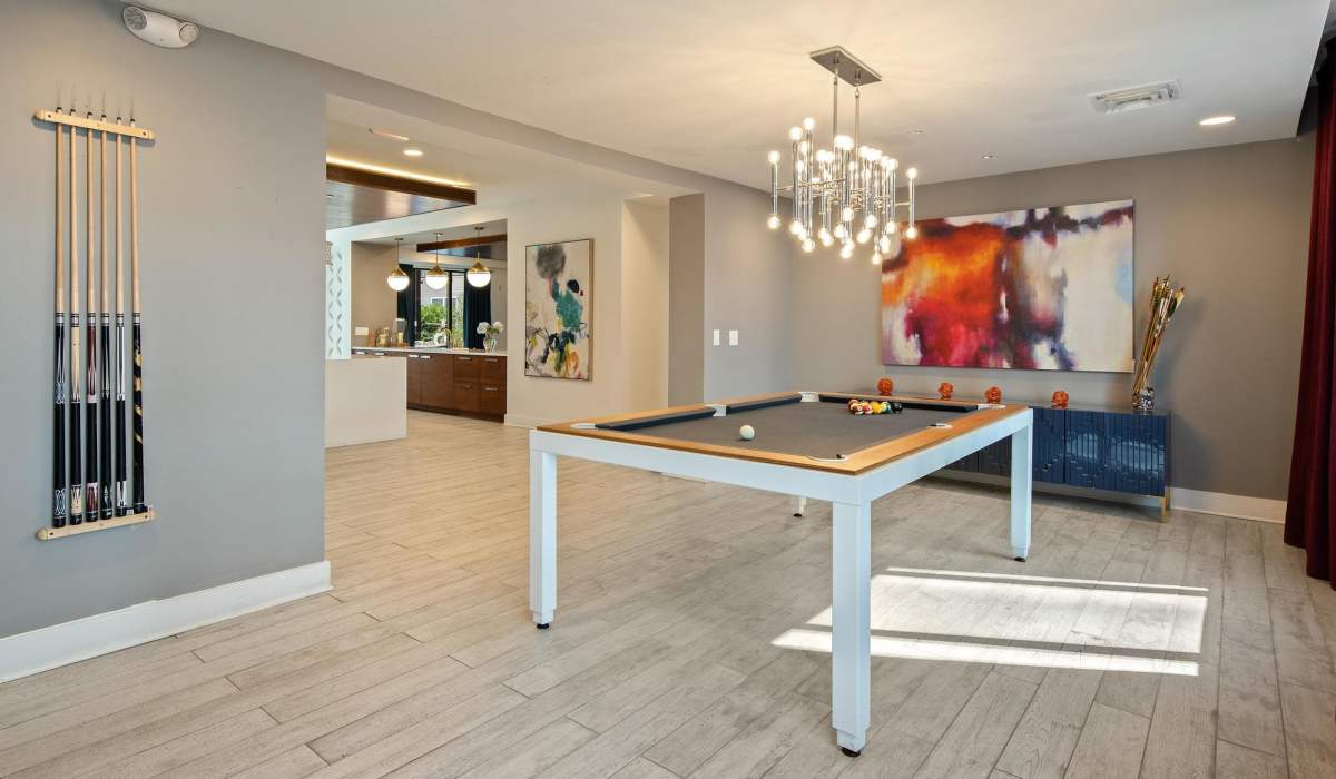 Resident game room with billiards table at The Dartmouth North Hills in Raleigh, North Carolina