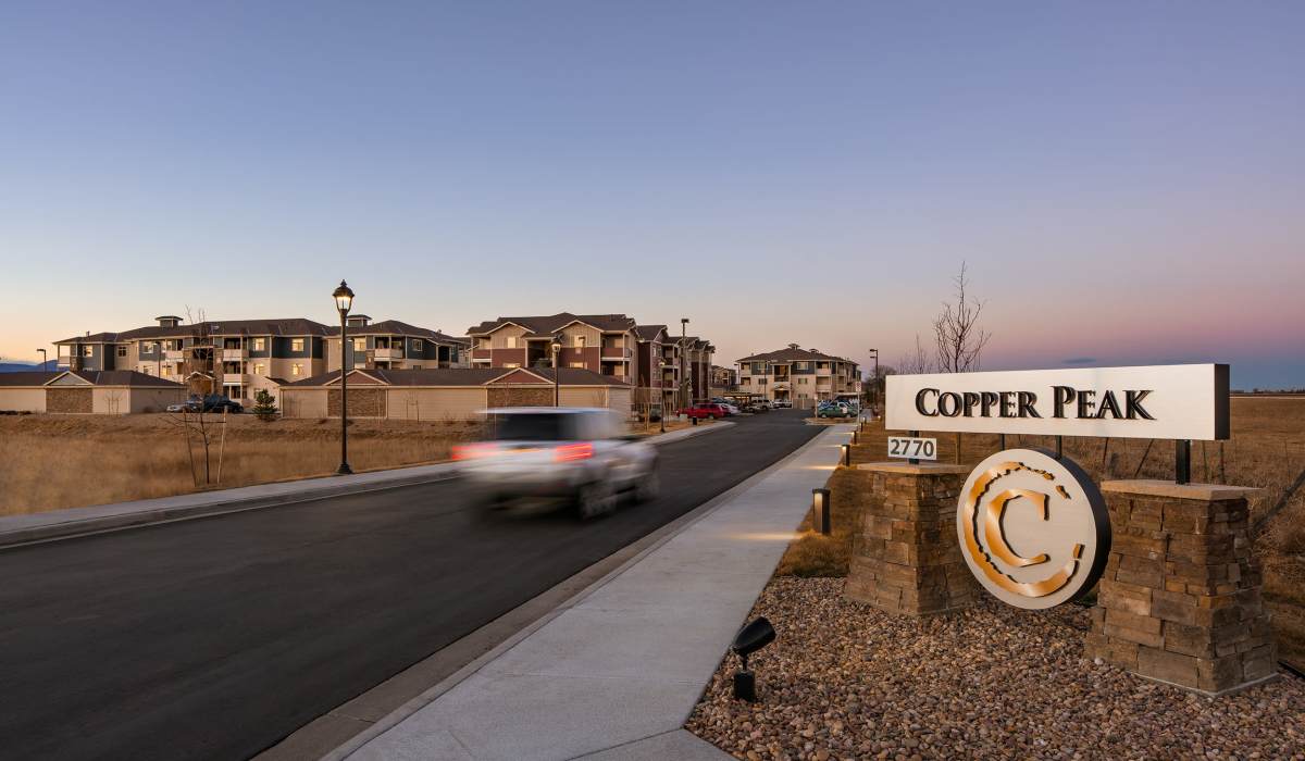 Monument sign at the entrance to Copper Peak in Longmont, Colorado