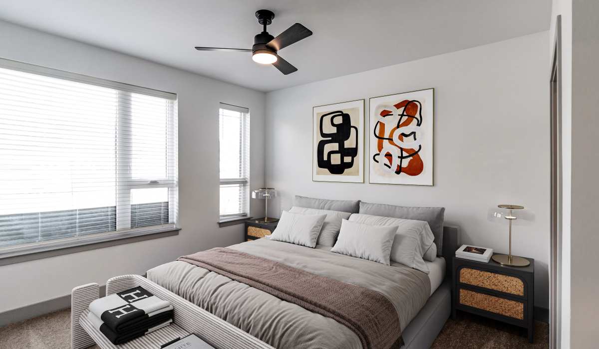 Cozy bedroom at Sphere Apartments in Richmond, Virginia