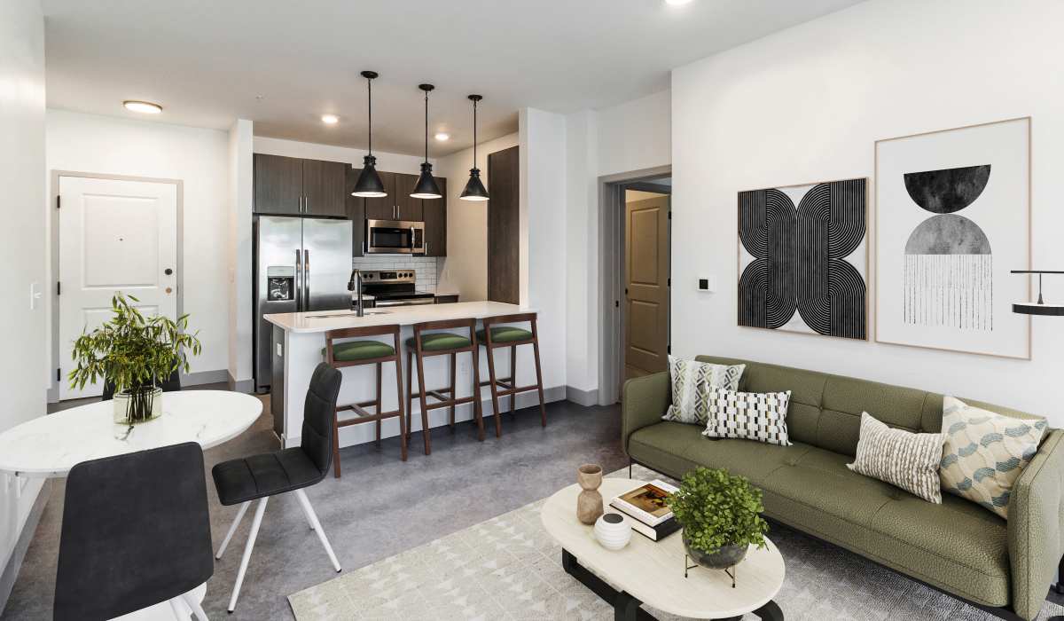 Living room in a model home at Sphere Apartments in Richmond, Virginia