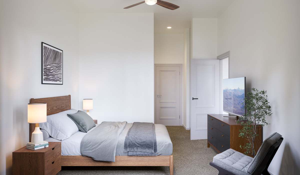 Bedroom in a model home at Sphere Apartments in Richmond, Virginia