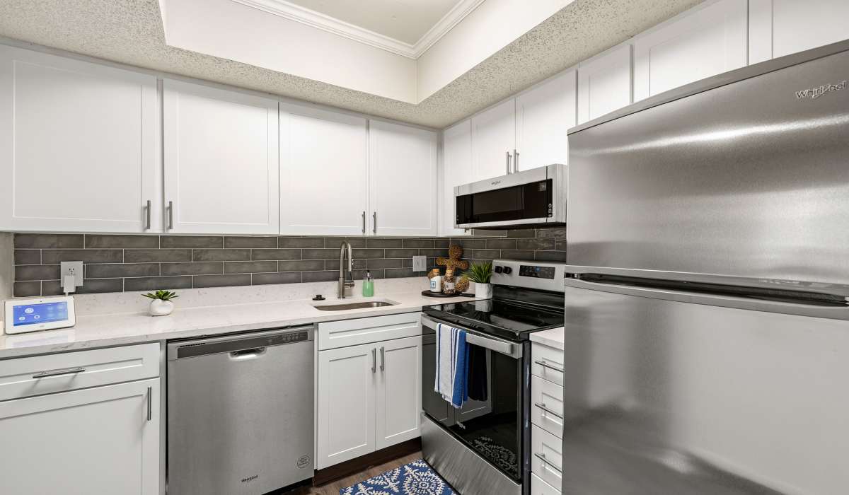 Modern apartment kitchen with granite counters and stainless steel appliances at 4800 Westshore in Tampa, Florida