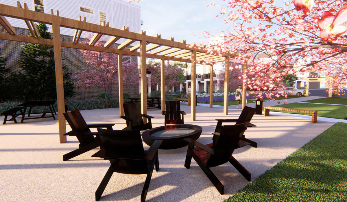 An outdoor seating area with a pergola, fire pit and several chairs at The Residences at Sakura Novi in Novi, Michigan