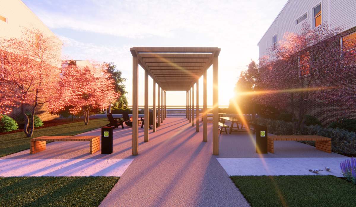 A rendering of an outdoor walkway with a pergola, benches and trees at The Residences at Sakura Novi in Novi, Michigan