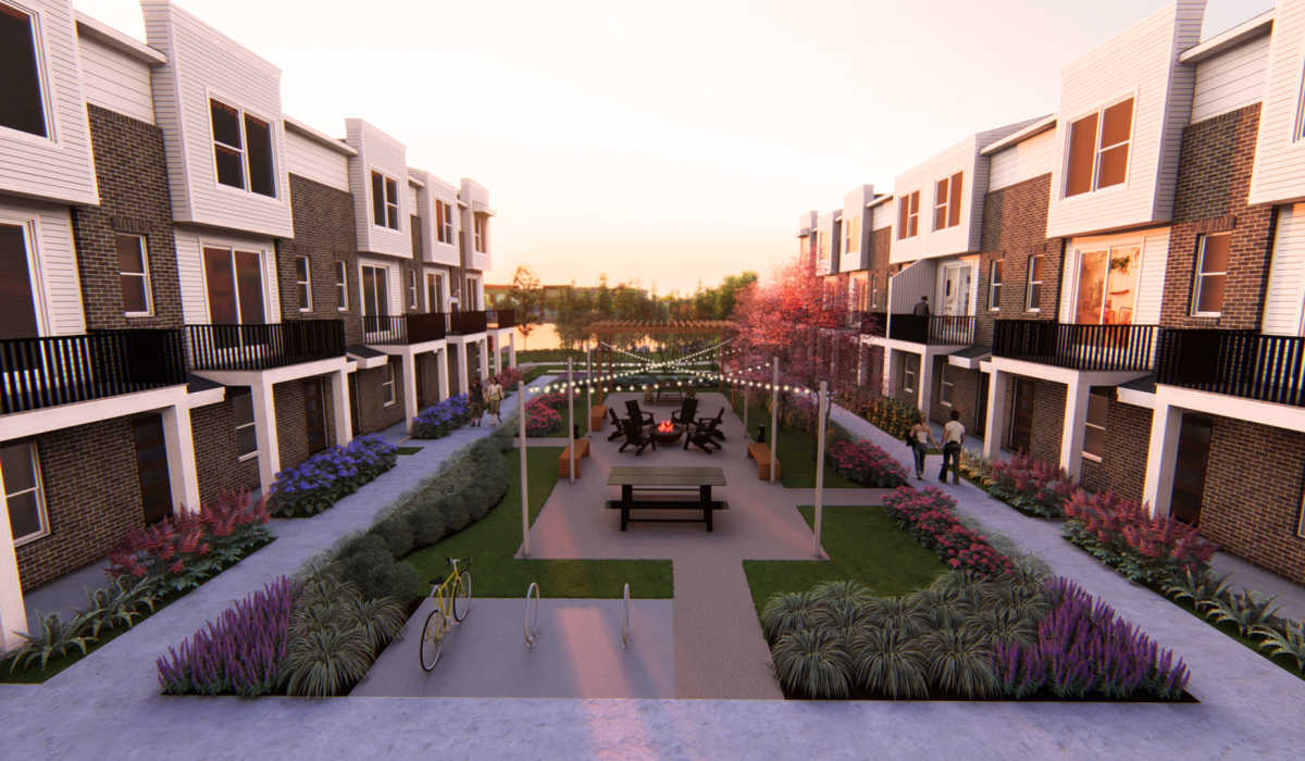  A rendering of an outdoor walkway with a pergola, benches and trees at The Residences at Sakura Novi in Novi, Michigan