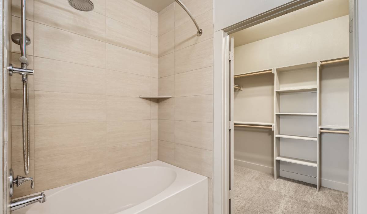 Spacious room with walk-in closets, cabinetry with attached washroom at The Lucas Apartments in Dallas, Texas