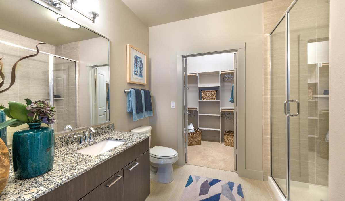Bathroom with large double vanity and walk-in closet at The Lucas Apartments in Dallas, Texas