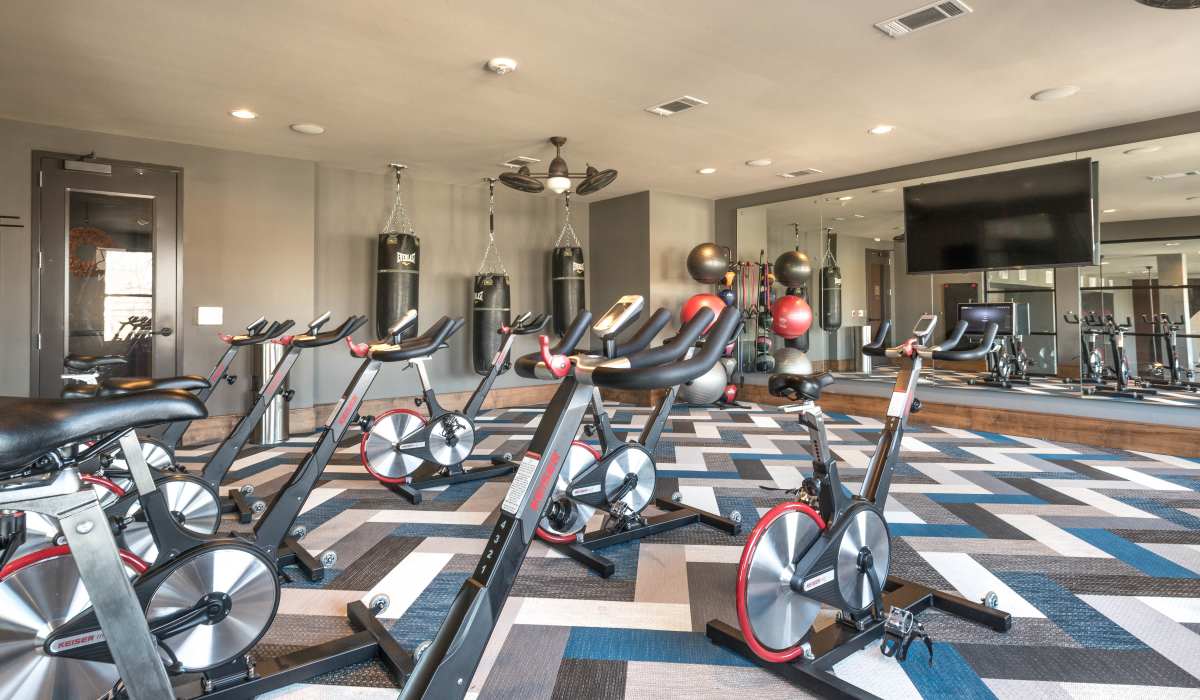 Well-equipped fitness center with a TV at The Lucas Apartments in Dallas, Texas