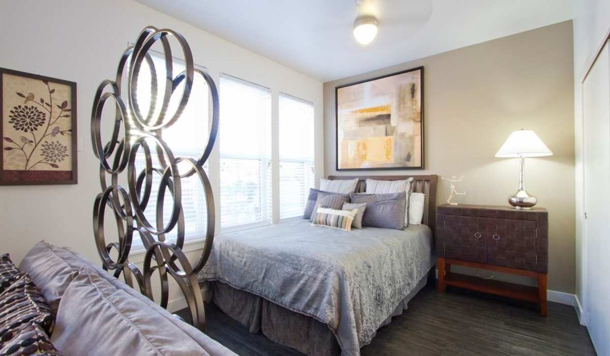 Bedroom with big window at One City Block in Denver, Colorado