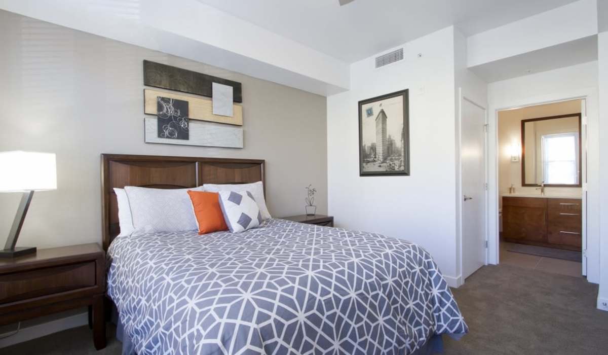Bedroom with attached bathroom at One City Block in Denver, Colorado