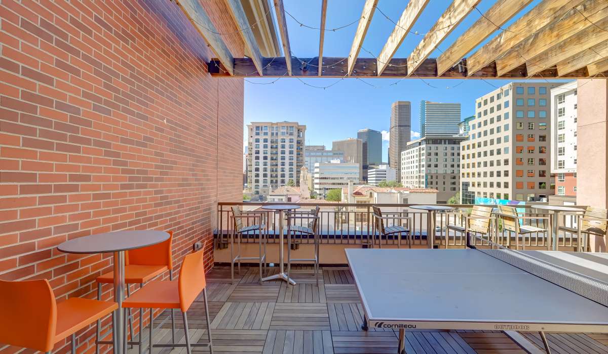 Rooftop corridor with table tennis area at One City Block in Denver, Colorado
