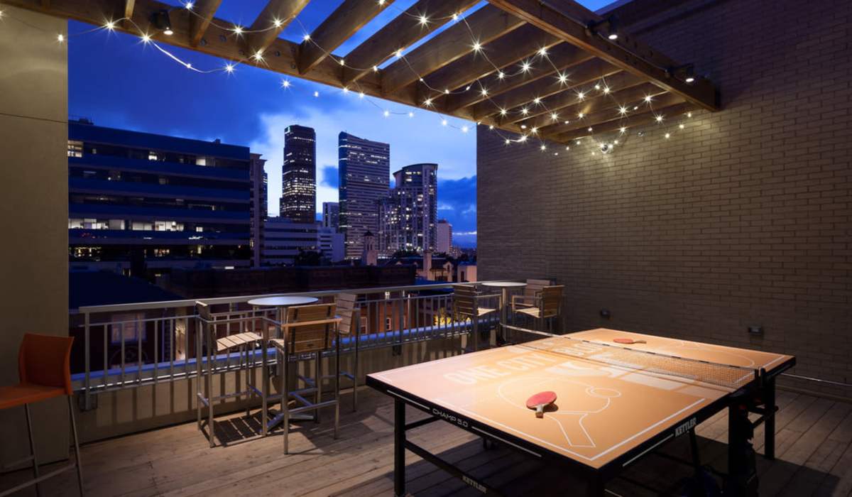 Rooftop seating area at One City Block in Denver, Colorado