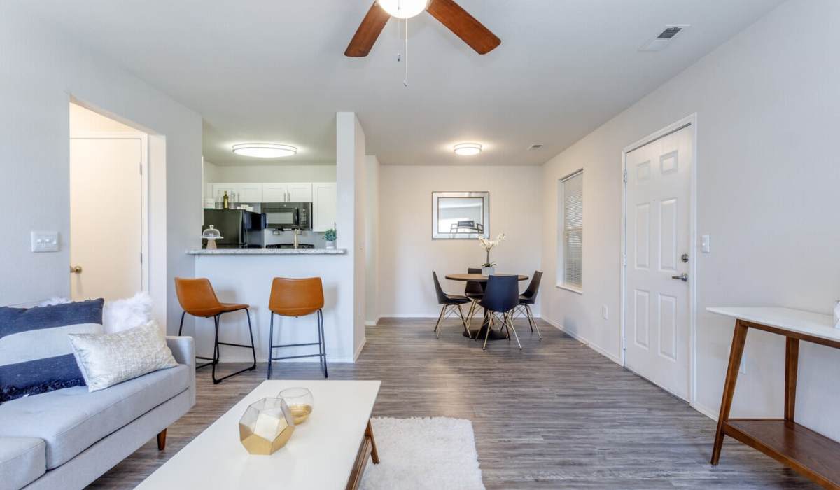 Model home with a ceiling fan at The District At Manhattan Apartments in Manhattan, Kansas