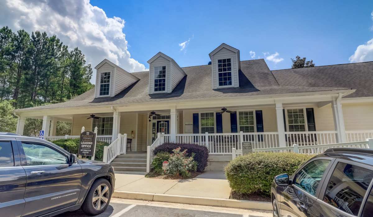 Front exterior of leasing office at Parkway Grand in Decatur, Georgia