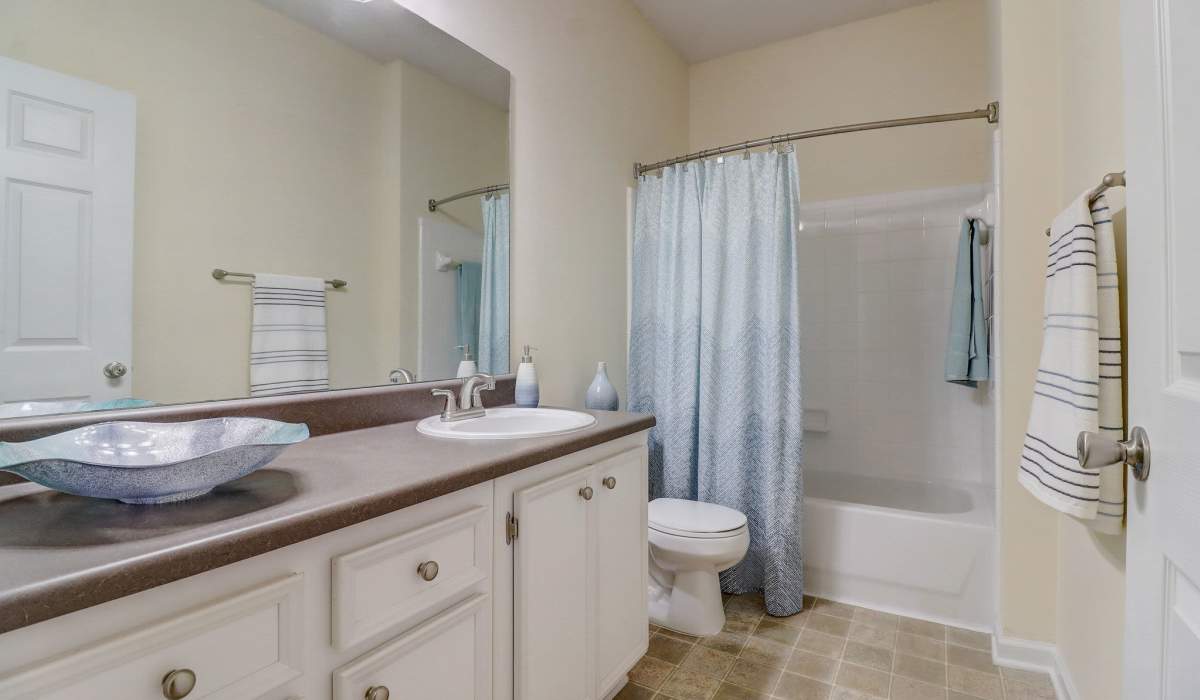 bathroom with shower curtain at Parkway Grand in Decatur, Georgia
